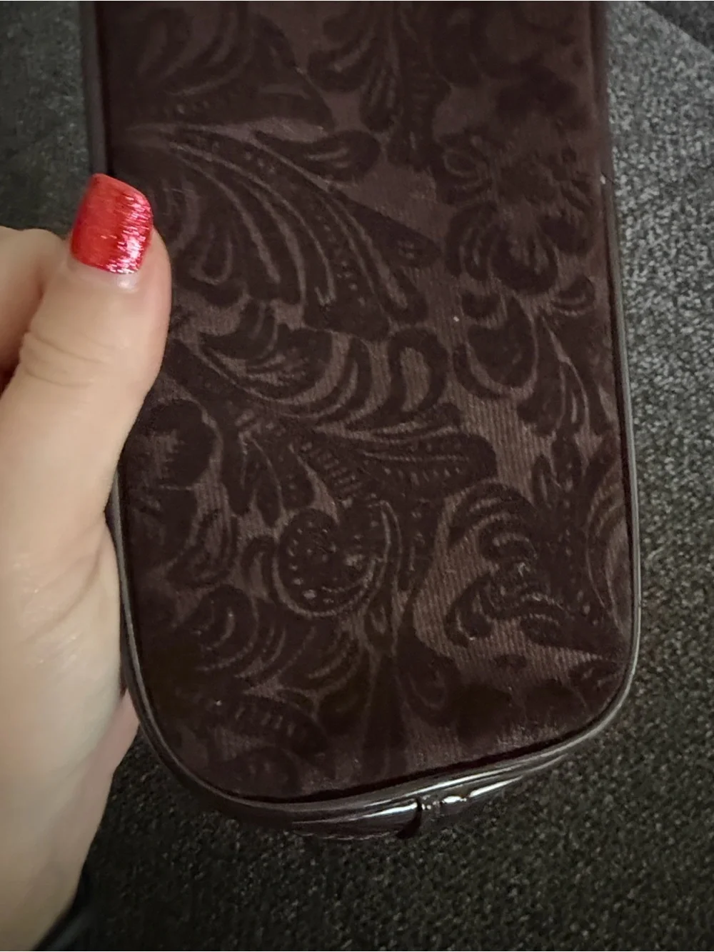 Brown Paisley Floral Suede Wristlet Clutch